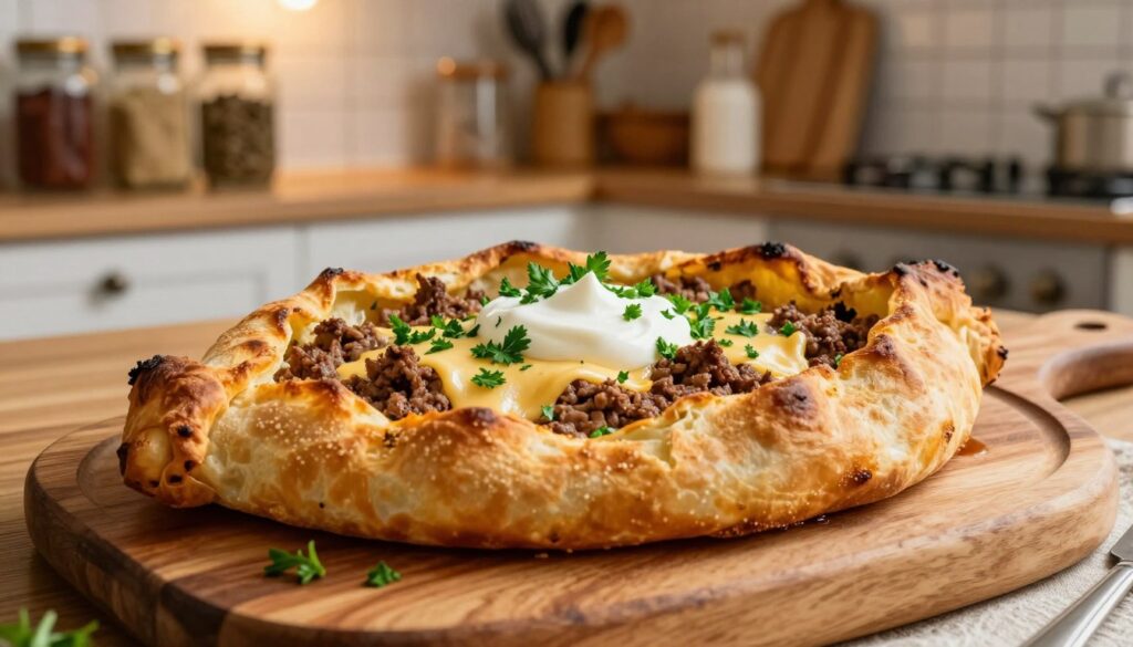 A delicious zapiekanka topped with minced meat, melted cheese, and fresh herbs, served on a rustic wooden platter. The foreground features the golden-brown, crispy edges of the zapiekanka, invitingly garnished with chopped parsley and a drizzle of sour cream. In the middle ground, a cozy kitchen setting is visible, with warm, ambient lighting illuminating the dish, enhancing its appetizing look. The background includes blurred shelves stocked with spices and kitchen utensils to evoke a homely atmosphere. The scene captures a familial vibe, suggesting a quick, comforting meal perfect for a family gathering. The image is shot from a slightly elevated angle, emphasizing the layers of ingredients while creating an inviting and warm mood.