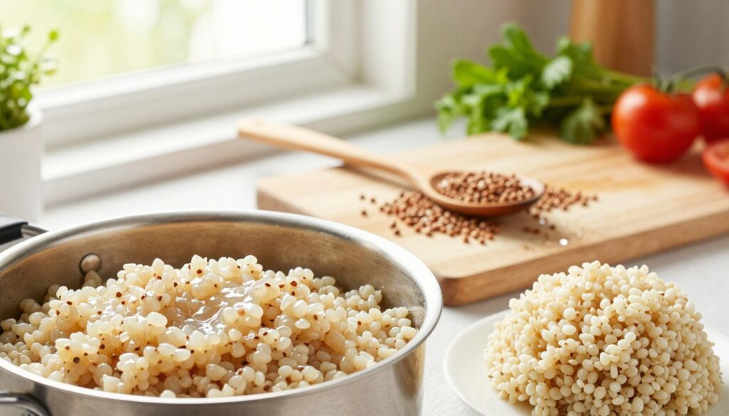 A kitchen scene showcasing common mistakes in preparing buckwheat. In the foreground, a pot of overcooked, sticky buckwheat, appearing mushy and unappetizing, next to a clump that should be fluffy. In the middle, a wooden spoon lies against a cutting board scattered with unmeasured grains and spilled water, emphasizing the lack of precision. In the background, a sunny kitchen window with soft, natural light illuminating the process, complemented by herbs and vegetables that suggest healthy alternatives. The mood is educational yet light-hearted, aiming to provide clarity on the common pitfalls in cooking buckwheat. Bright, warm colors invite the viewer and enhance the kitchen's inviting atmosphere. A kitchen scene showcasing common mistakes in preparing buckwheat. In the foreground, a pot of overcooked, sticky buckwheat, appearing mushy and unappetizing, next to a clump that should be fluffy. In the middle, a wooden spoon lies against a cutting board scattered with unmeasured grains and spilled water, emphasizing the lack of precision. In the background, a sunny kitchen window with soft, natural light illuminating the process, complemented by herbs and vegetables that suggest healthy alternatives. The mood is educational yet light-hearted, aiming to provide clarity on the common pitfalls in cooking buckwheat. Bright, warm colors invite the viewer and enhance the kitchen's inviting atmosphere.
