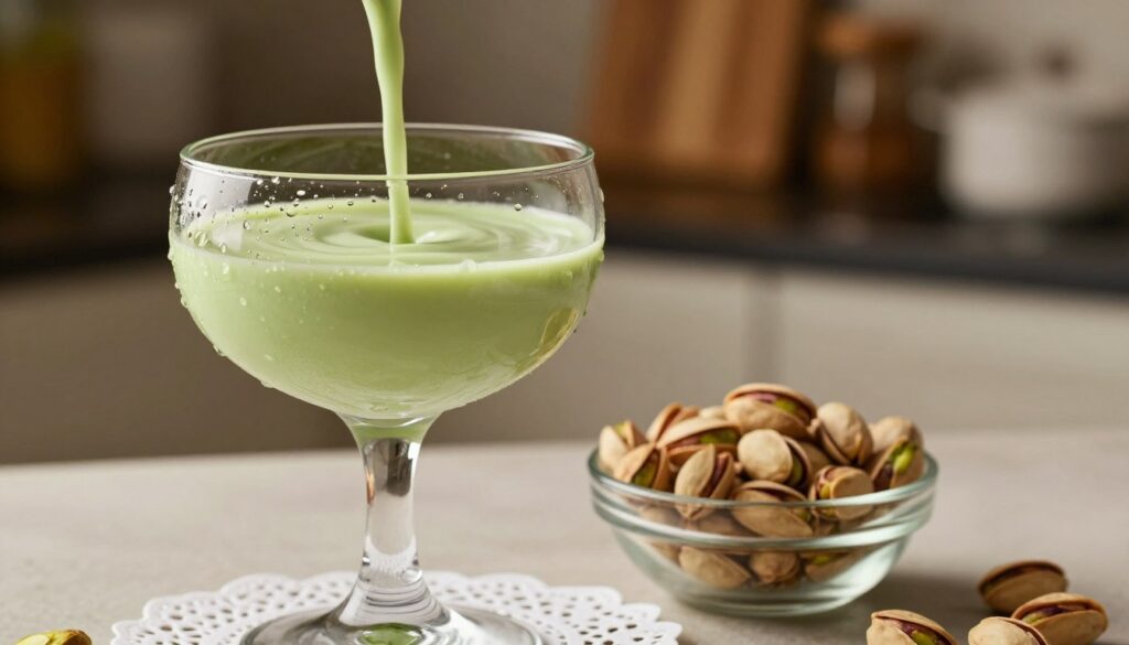 A luxurious, close-up shot of a glass of creamy pistachio liqueur, elegantly poured with a smooth texture and vibrant green color. The foreground features the glass, adorned with a delicate lace doily, capturing droplets of condensation. In the middle, a small bowl of whole pistachios sits next to the glass, showcasing their rich, natural colors and textures. The background is softly blurred, hinting at a warm, inviting kitchen ambiance with wooden shelves and soft lighting that casts a gentle glow, enhancing the elegance of the scene. The overall mood is refined and cozy, evoking a sense of indulgence and sophistication.