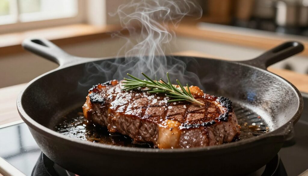 A perfectly seared ribeye steak, known as "stek antrykotu", sizzling on a modern cast-iron skillet. The foreground features the steak with a beautifully caramelized crust, glistening with juices, and garnished with fresh rosemary and a sprinkle of coarse sea salt. The middle ground showcases the skillet, with smoke rising gently, indicating the high heat used for cooking. In the background, a softly blurred kitchen setting with warm wood tones and subtle hints of culinary tools creates an inviting atmosphere. The lighting is warm and natural, simulating late afternoon sun filtering through a window, casting soft shadows. The lens captures the scene from a slightly elevated angle, emphasizing the textures and colors of the meat while inviting the viewer into the art of perfect steak cooking.
