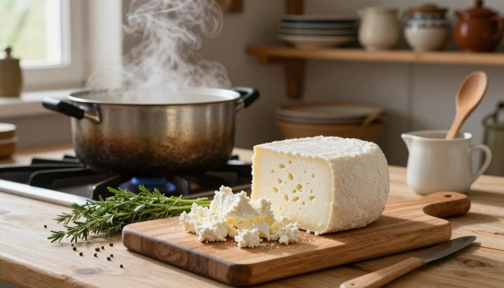 A rustic kitchen scene depicting the preparation of twaróg cheese for the gliwienia process. In the foreground, a wooden cutting board with fresh, creamy twaróg cheese being crumbled, surrounded by some fresh herbs and spices, including caraway seeds. The middle ground features a large pot on the stove, with steam rising, enhancing the warmth of the setting. Various kitchen utensils, like a wooden spoon and measuring cup, are arranged neatly. The background includes shelves filled with traditional ceramic dishes and jars, imparting a homely, artisanal atmosphere. Soft, natural light coming from a nearby window casts gentle shadows, evoking a cozy mood that celebrates traditional cooking. The overall aesthetic is inviting and wholesome, perfect for illustrating the cheese preparation process.