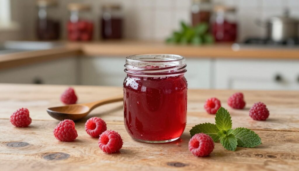 A rustic kitchen table adorned with an array of fresh, juicy raspberries, glistening with droplets of water. In the foreground, a glass jar of vibrant red homemade raspberry syrup sits, its rich color illuminated by soft, natural light. Surrounding the jar, a few raspberries spill onto the wooden surface, accompanied by a couple of mint leaves for a pop of green. In the middle ground, a vintage wooden spoon rests beside the jar, hinting at the preparation process. The background features a softly blurred kitchen setting, with shelves lined with jars of fruits and herbs, enhancing the atmosphere of warmth and homeliness. The scene conveys a feeling of nostalgia and the joys of homemade cooking, inviting viewers to appreciate the art of making raspberry syrup.