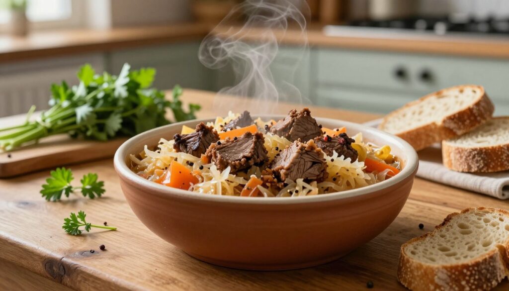 A rustic wooden table is set with a steaming bowl of bigos, a traditional Polish dish, featuring layers of sauerkraut, tender meat, and rich spices. The vibrant colors of the dish contrast beautifully against the warm tones of the wood. Surrounding the bowl are fresh herbs and slices of crusty bread, inviting the viewer to enjoy. The background features a homey kitchen setting with soft, natural lighting illuminating the ingredients, creating an inviting atmosphere. A shallow depth of field focuses on the bowl, blurring the background slightly, capturing a sense of warmth and comfort. The overall mood is nostalgic and hearty, perfect for a classic home-cooked meal. A rustic wooden table is set with a steaming bowl of bigos, a traditional Polish dish, featuring layers of sauerkraut, tender meat, and rich spices. The vibrant colors of the dish contrast beautifully against the warm tones of the wood. Surrounding the bowl are fresh herbs and slices of crusty bread, inviting the viewer to enjoy. The background features a homey kitchen setting with soft, natural lighting illuminating the ingredients, creating an inviting atmosphere. A shallow depth of field focuses on the bowl, blurring the background slightly, capturing a sense of warmth and comfort. The overall mood is nostalgic and hearty, perfect for a classic home-cooked meal.