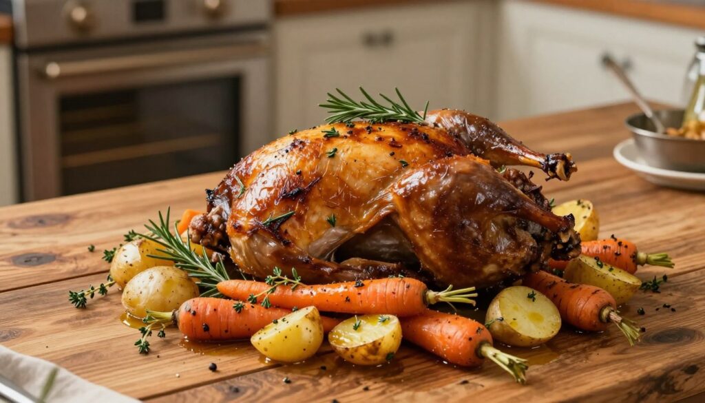A succulent roasted rabbit, golden brown and perfectly cooked, placed on a rustic wooden table. The rabbit is garnished with fresh herbs like rosemary and thyme, surrounded by vibrant roasted vegetables such as carrots and potatoes, glistening with olive oil. Soft, warm lighting gently illuminates the scene, enhancing the appetizing colors and textures of the dish. In the background, a classic oven is partially visible, adding context to the cooking process. The atmosphere is cozy and inviting, suggesting a welcoming home-cooked meal. The image is captured from a slightly elevated angle, providing a clear view of the dish while creating a warm and homely ambiance. A succulent roasted rabbit, golden brown and perfectly cooked, placed on a rustic wooden table. The rabbit is garnished with fresh herbs like rosemary and thyme, surrounded by vibrant roasted vegetables such as carrots and potatoes, glistening with olive oil. Soft, warm lighting gently illuminates the scene, enhancing the appetizing colors and textures of the dish. In the background, a classic oven is partially visible, adding context to the cooking process. The atmosphere is cozy and inviting, suggesting a welcoming home-cooked meal. The image is captured from a slightly elevated angle, providing a clear view of the dish while creating a warm and homely ambiance.