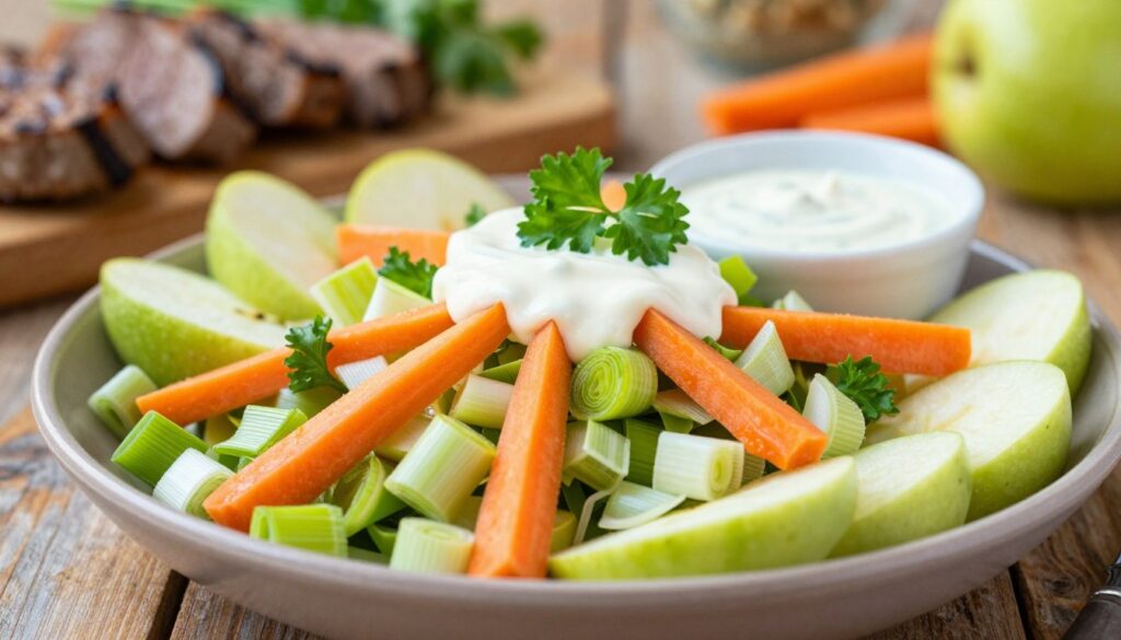 A vibrant, fresh surówka pora salad displayed beautifully on a rustic wooden table. In the foreground, chopped leeks are mixed with bright orange grated carrots and slices of crisp green apples. The colors are vivid, showcasing the freshness of each ingredient. In the middle ground, a small ceramic bowl holds a light, creamy dressing drizzled over the salad, with a sprig of parsley for garnish. In the background, softly blurred out, there are hints of grilled meats and vibrant summer vegetables, evoking a warm, inviting atmosphere. The lighting is natural and soft, creating a cozy, inviting mood, reminiscent of a sunny outdoor meal. The scene should be shot from a slightly elevated angle, highlighting the textures and colors of the ingredients without any text or distractions.