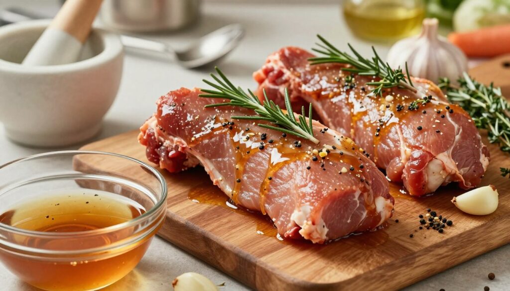 A vibrant kitchen scene showcasing marinated pork tenderloins on a wooden cutting board. The tenderloins are coated with a rich, glossy marinade featuring herbs like rosemary and thyme, garlic cloves, and spices, glistening under warm, natural lighting. In the foreground, a glass bowl with remaining marinade sits beside a mortar and pestle, emphasizing the preparation process. The middle of the frame includes the pork tenderloins prominently featured, while in the background, soft-focus kitchen utensils and fresh ingredients hint at a bustling cooking environment. This scene exudes a warm, inviting atmosphere, perfect for culinary inspiration, highlighting the marination process as a crucial step for ensuring tenderness and juiciness. A vibrant kitchen scene showcasing marinated pork tenderloins on a wooden cutting board. The tenderloins are coated with a rich, glossy marinade featuring herbs like rosemary and thyme, garlic cloves, and spices, glistening under warm, natural lighting. In the foreground, a glass bowl with remaining marinade sits beside a mortar and pestle, emphasizing the preparation process. The middle of the frame includes the pork tenderloins prominently featured, while in the background, soft-focus kitchen utensils and fresh ingredients hint at a bustling cooking environment. This scene exudes a warm, inviting atmosphere, perfect for culinary inspiration, highlighting the marination process as a crucial step for ensuring tenderness and juiciness.