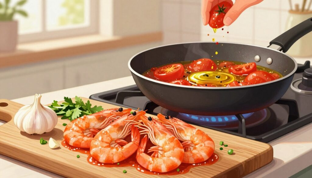 A vibrant step-by-step illustration of preparing shrimp in a rich tomato sauce. In the foreground, display a wooden cutting board with fresh, peeled shrimp, diced garlic, and chopped herbs neatly arranged. In the middle, capture a sauté pan on a stove, glistening with olive oil, with tomatoes simmering and spices being added. In the background, show an inviting kitchen setting with natural light streaming through a window, highlighting the freshness of the ingredients. The mood should be warm and inviting, evoking a sense of delicious home cooking. Use a close-up angle to emphasize the textures of the shrimp and sauce, and ensure the lighting is bright but soft, enhancing the vibrant red of the tomato sauce.
