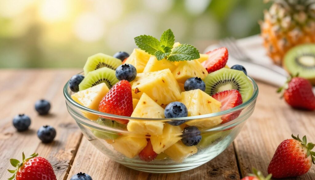 A vibrant tropical fruit salad featuring fresh pineapple chunks as the centerpiece, beautifully arranged in a glass bowl on a rustic wooden table. Surround the bowl with colorful ingredients like ripe strawberries, juicy kiwi slices, and blueberries, adding a sprinkle of mint leaves for freshness. The background showcases a softly blurred outdoor setting with gentle sunlight filtering through leaves, creating a warm and inviting atmosphere. Use a shallow depth of field to focus on the salad, highlighting its textures and colors. The overall mood is cheerful and festive, perfect for a party or family gathering, evoking the joy of sharing delicious food with loved ones.