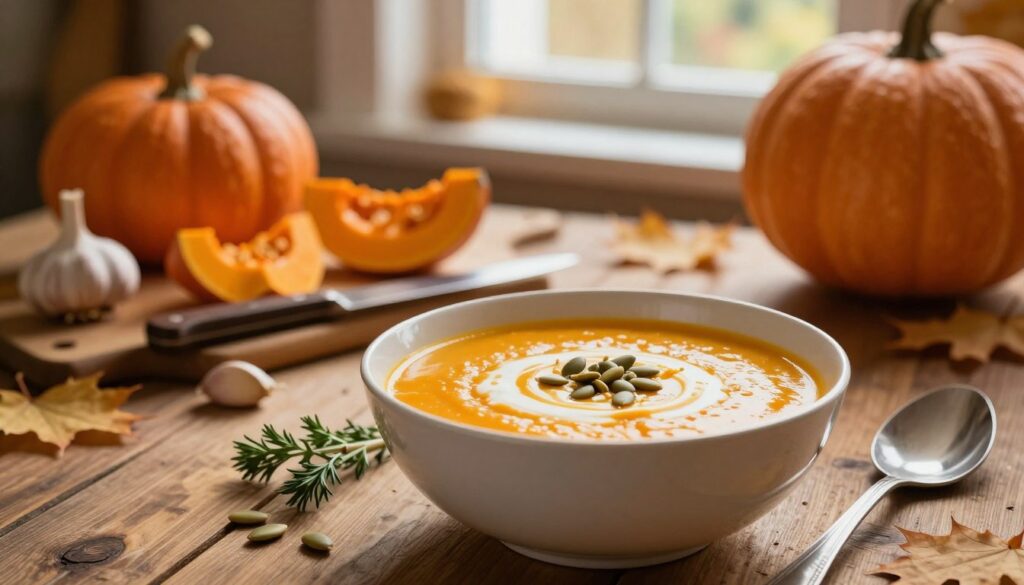 A warm and inviting scene featuring a bowl of creamy pumpkin soup, known as "krem dyni," placed on a rustic wooden table. The foreground showcases the soup, with a swirl of cream and a sprinkle of pumpkin seeds on top, surrounded by small, fresh herbs. In the middle, scattered ingredients like raw pumpkins, garlic cloves, and a cutting board with a knife hint at the preparation process. The background is softly blurred, depicting an autumnal kitchen with cozy lighting from a nearby window, casting gentle shadows. The overall atmosphere should evoke warmth and comfort, perfect for a fall setting, emphasizing the rich, vibrant colors of orange and gold. The image should have a soft focus and natural light to enhance the inviting feel. A warm and inviting scene featuring a bowl of creamy pumpkin soup, known as "krem dyni," placed on a rustic wooden table. The foreground showcases the soup, with a swirl of cream and a sprinkle of pumpkin seeds on top, surrounded by small, fresh herbs. In the middle, scattered ingredients like raw pumpkins, garlic cloves, and a cutting board with a knife hint at the preparation process. The background is softly blurred, depicting an autumnal kitchen with cozy lighting from a nearby window, casting gentle shadows. The overall atmosphere should evoke warmth and comfort, perfect for a fall setting, emphasizing the rich, vibrant colors of orange and gold. The image should have a soft focus and natural light to enhance the inviting feel.