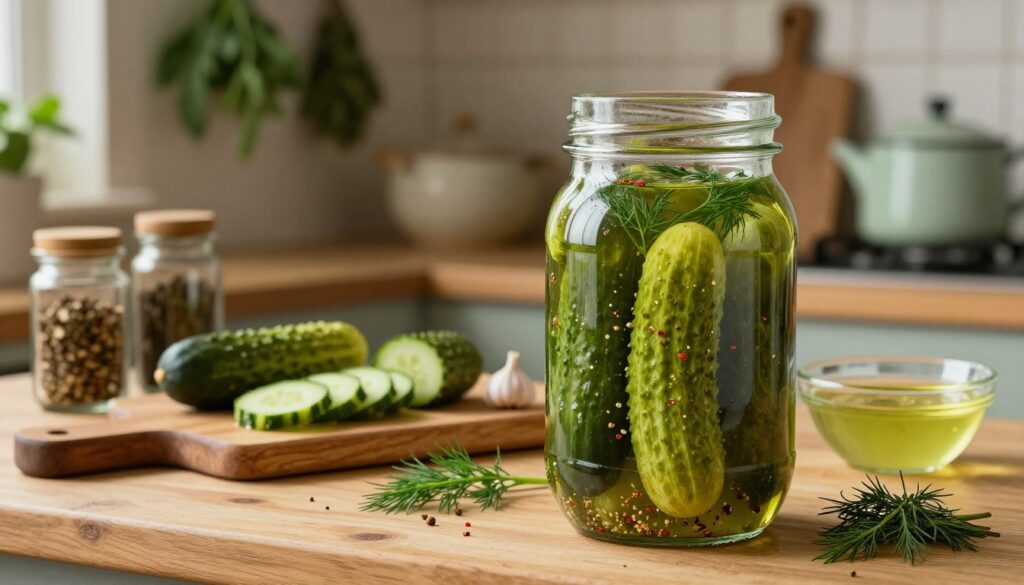 An artistic composition featuring a rustic kitchen counter with a jar of ogórki konserwowe (pickled cucumbers) prominently displayed in the foreground. The jar is filled with crunchy, bright green cucumbers submerged in a flavorful brine, adorned with spices like dill and garlic visible in the mix. In the middle ground, a wooden cutting board has slices of fresh cucumbers, spice jars, and a small bowl of homemade pickling brine, showcasing the ingredients that contribute to the ideal pickling flavor. The background features a softly lit kitchen setting with herbs hanging and vintage kitchenware to create a warm and inviting atmosphere. The overall mood is cozy and homey, emphasizing the importance of the perfect brine for making delicious pickles. Soft ambient light enhances the colors and textures, creating a mouth-watering scene. An artistic composition featuring a rustic kitchen counter with a jar of ogórki konserwowe (pickled cucumbers) prominently displayed in the foreground. The jar is filled with crunchy, bright green cucumbers submerged in a flavorful brine, adorned with spices like dill and garlic visible in the mix. In the middle ground, a wooden cutting board has slices of fresh cucumbers, spice jars, and a small bowl of homemade pickling brine, showcasing the ingredients that contribute to the ideal pickling flavor. The background features a softly lit kitchen setting with herbs hanging and vintage kitchenware to create a warm and inviting atmosphere. The overall mood is cozy and homey, emphasizing the importance of the perfect brine for making delicious pickles. Soft ambient light enhances the colors and textures, creating a mouth-watering scene.