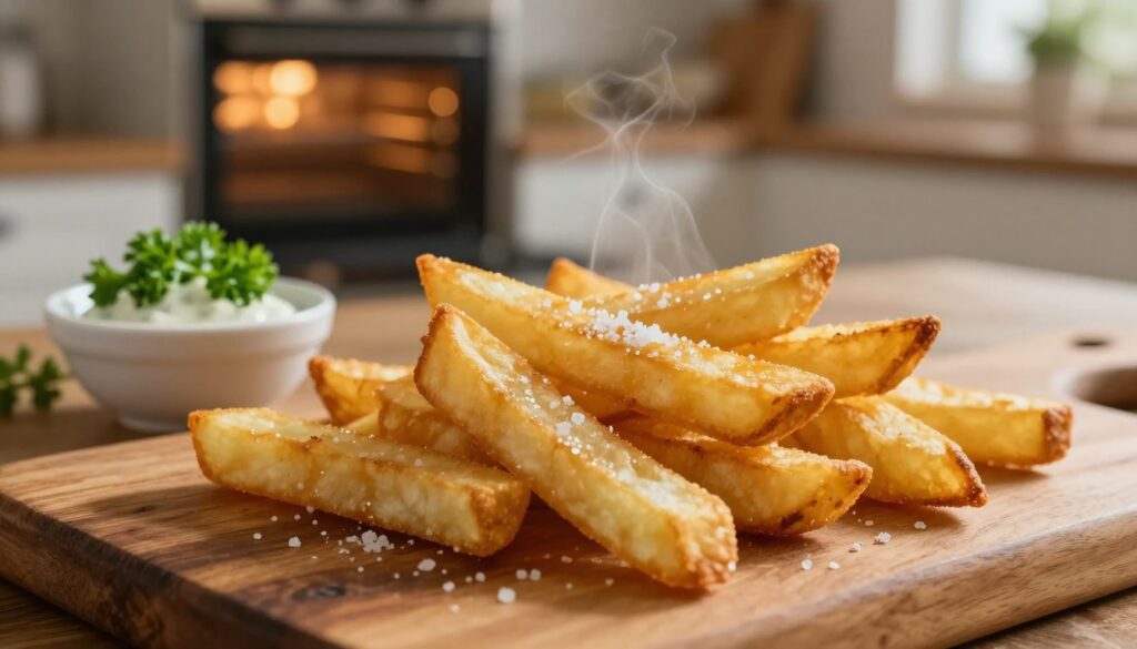 Golden-brown oven-baked fries, perfectly crisped, arranged on a rustic wooden table. The foreground features a close-up of several fries, showcasing their textured surfaces and shiny sheen, with a sprinkle of sea salt glistening in the warm kitchen light. In the middle ground, there's a vibrant green garnish like parsley or a dipping sauce in a small bowl, emphasizing freshness. The background displays an open oven with heat waves radiating, and a cozy kitchen setting filled with subtle warm lighting that creates an inviting atmosphere. The focus is sharp on the fries while the background softly blurs, enhancing the delicious appeal of the dish in a homey, comfortable kitchen environment.